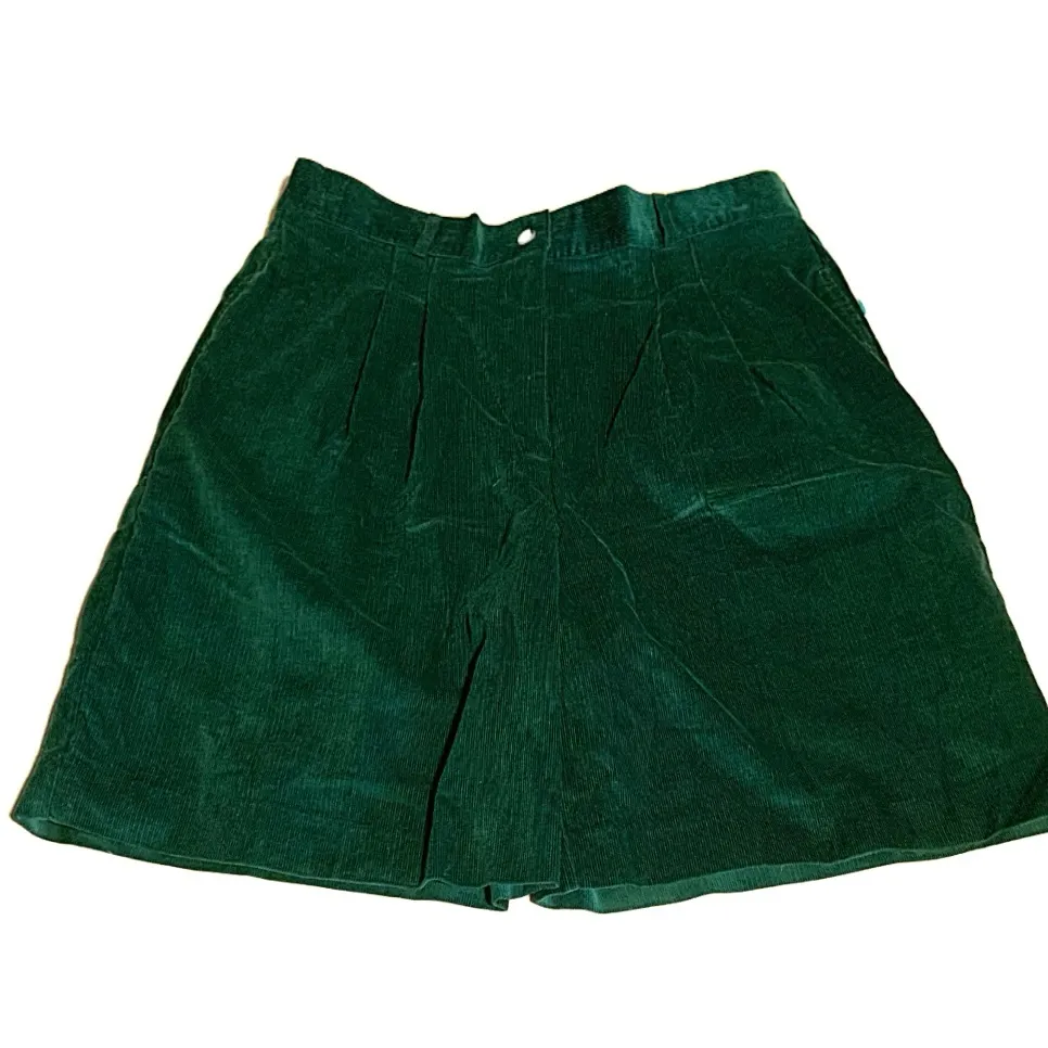 VINTAGE 1980'S TALBOTS GREEN HIGH WAIST PLEATED COTTON CORDUROY SHORTS (16) - Image 7