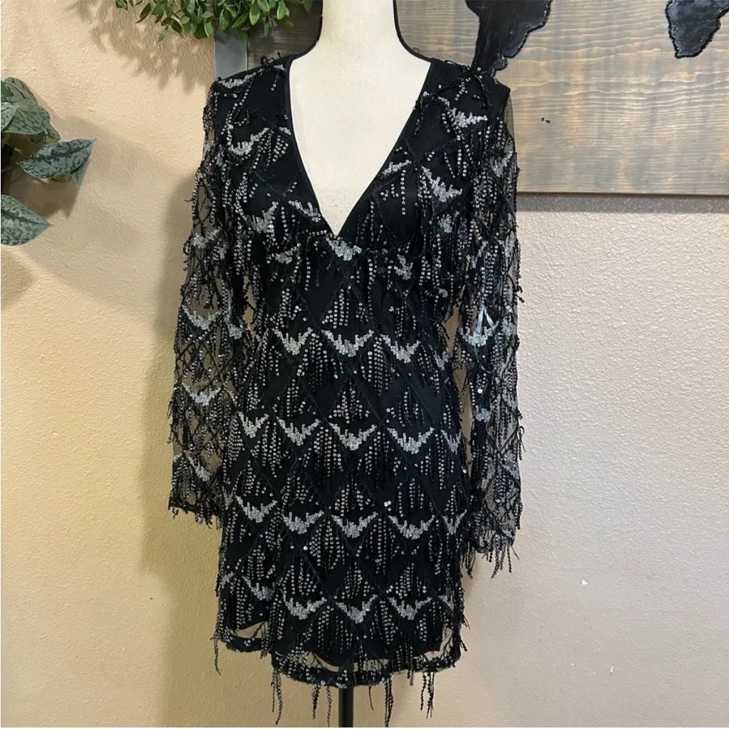 Playful Composure Black Fringe Sequin Mini Dress - Image 7