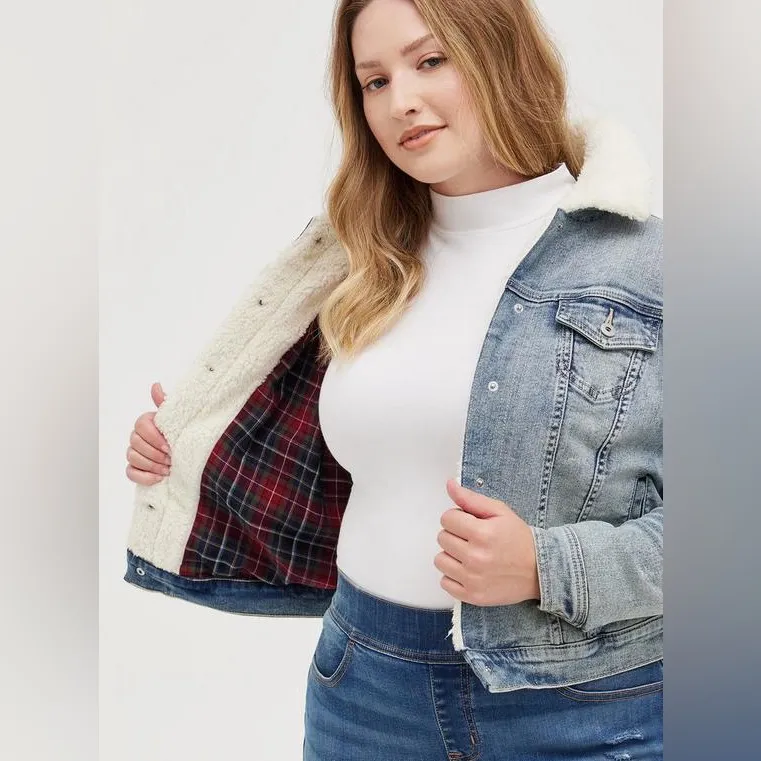 Torrid Plaid Lined Sherpa Denim Jacket - Size 14/16 (1) - Image 3