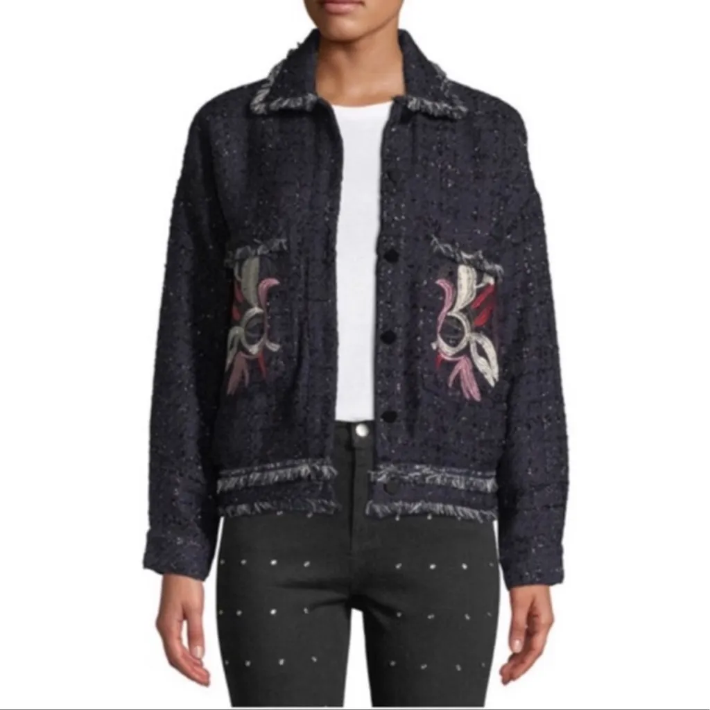 Foxiedox Embroidered Oversized Tweed Boho Cropped Jacket Frayed Edge Boxy Small - Image 15