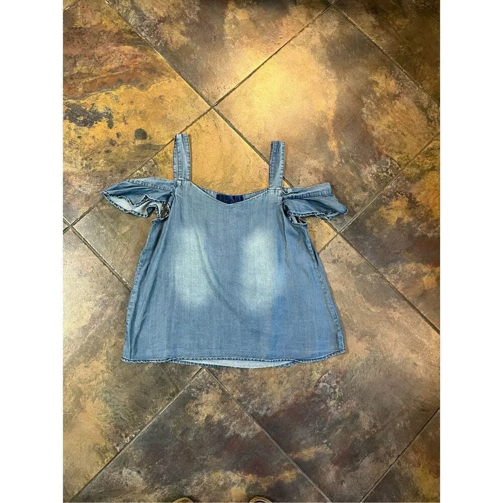 Blue Rain  Chambray Cold Shoulder Denim Top Medium - Image 3
