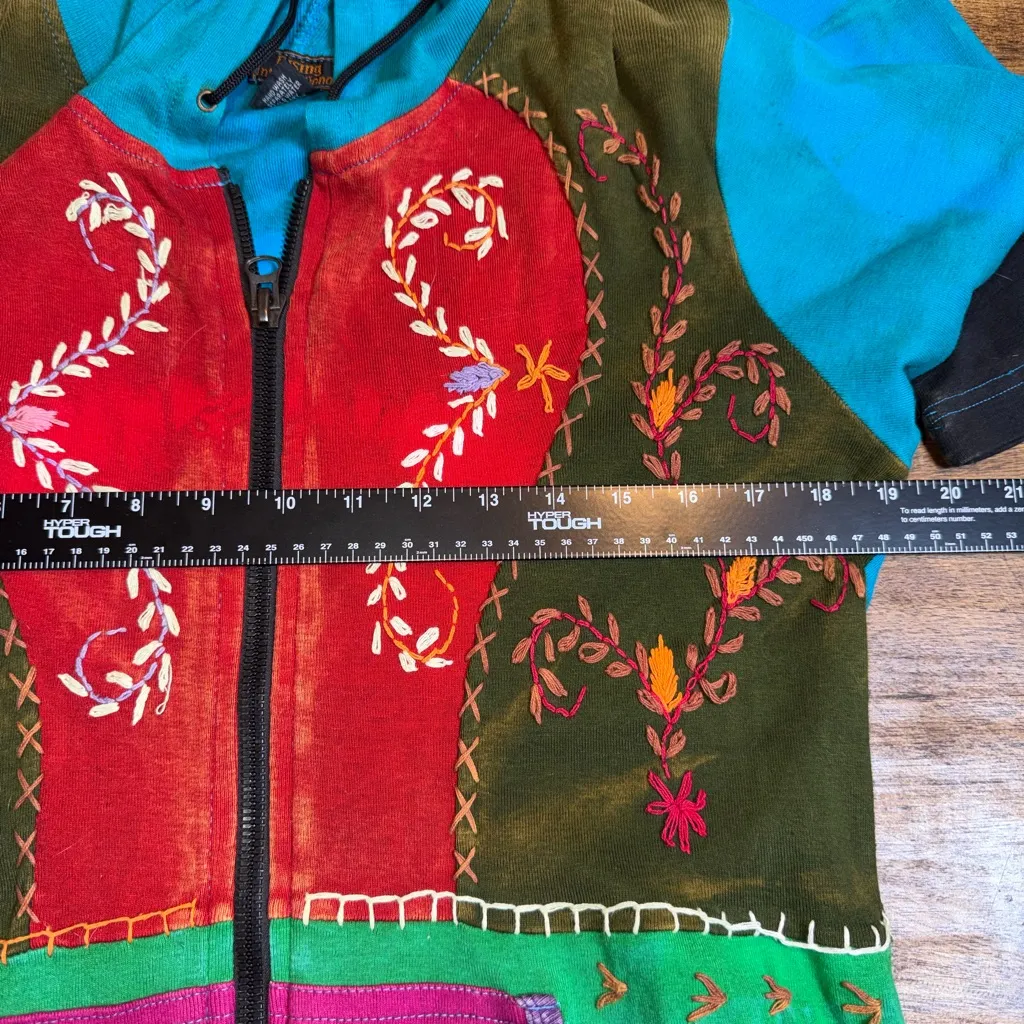 Rising International Boho Hippie Full Zip Hooded Jacket Patchwork Artsy Gypsy L Blue Size L - Image 5