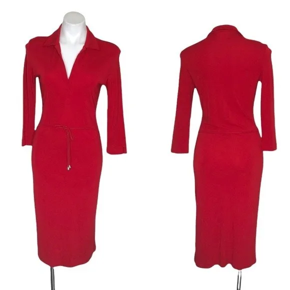 CASUAL CORNER Red Dress Tie Belt Fitted Stretch V Neck Size Medium VINTAGE - Image 9