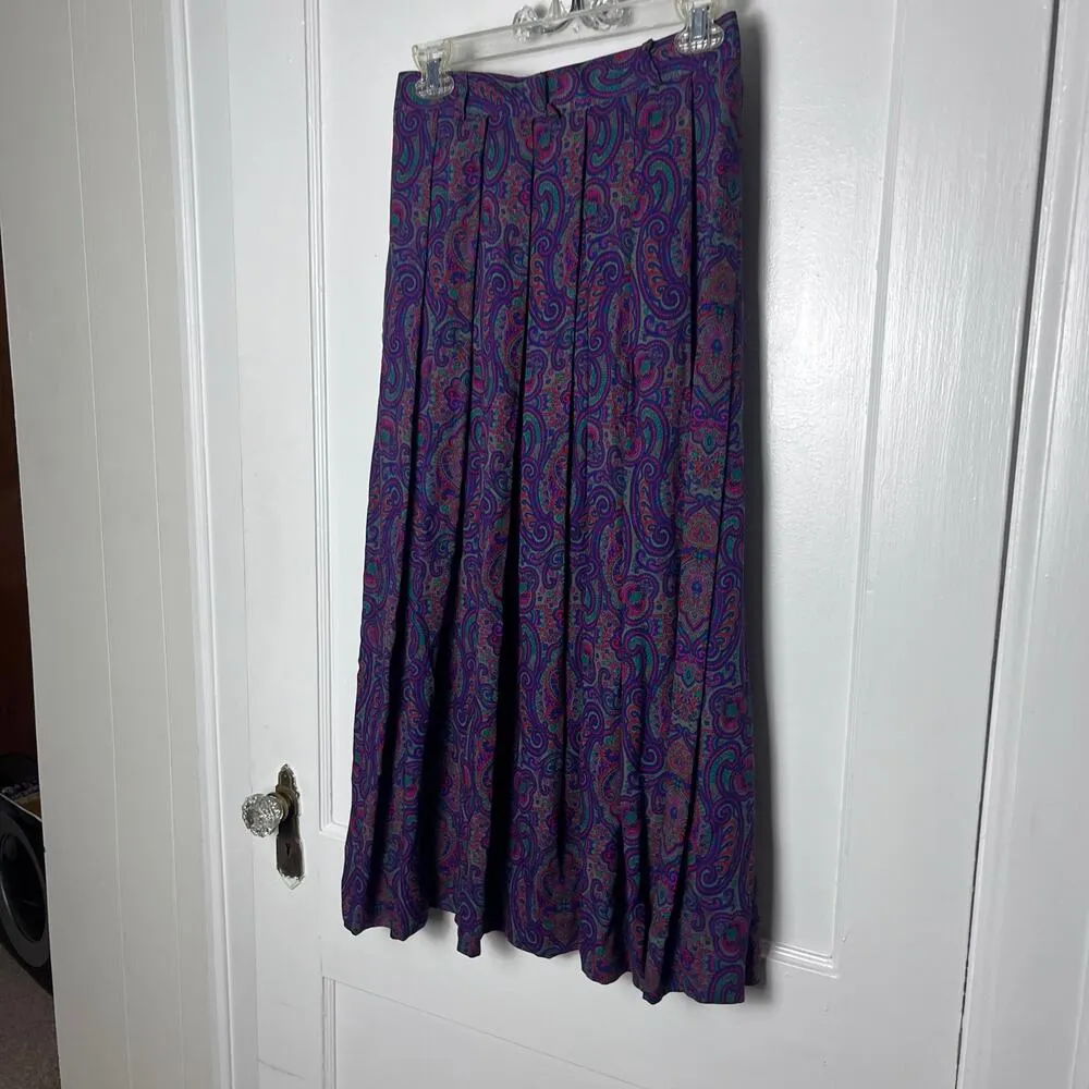 Vintage 90s Liz Claiborne Purple Paisley Floral Pleated Swing Midi Skirt Size 8 - Image 4