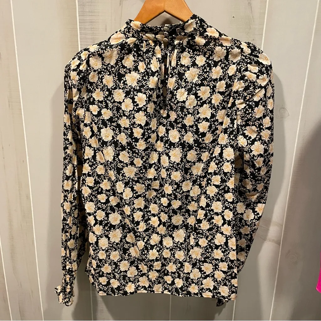 Cute boho floral breezy cotton high neck ruffle sleeve poet romantic blouse - Image 3