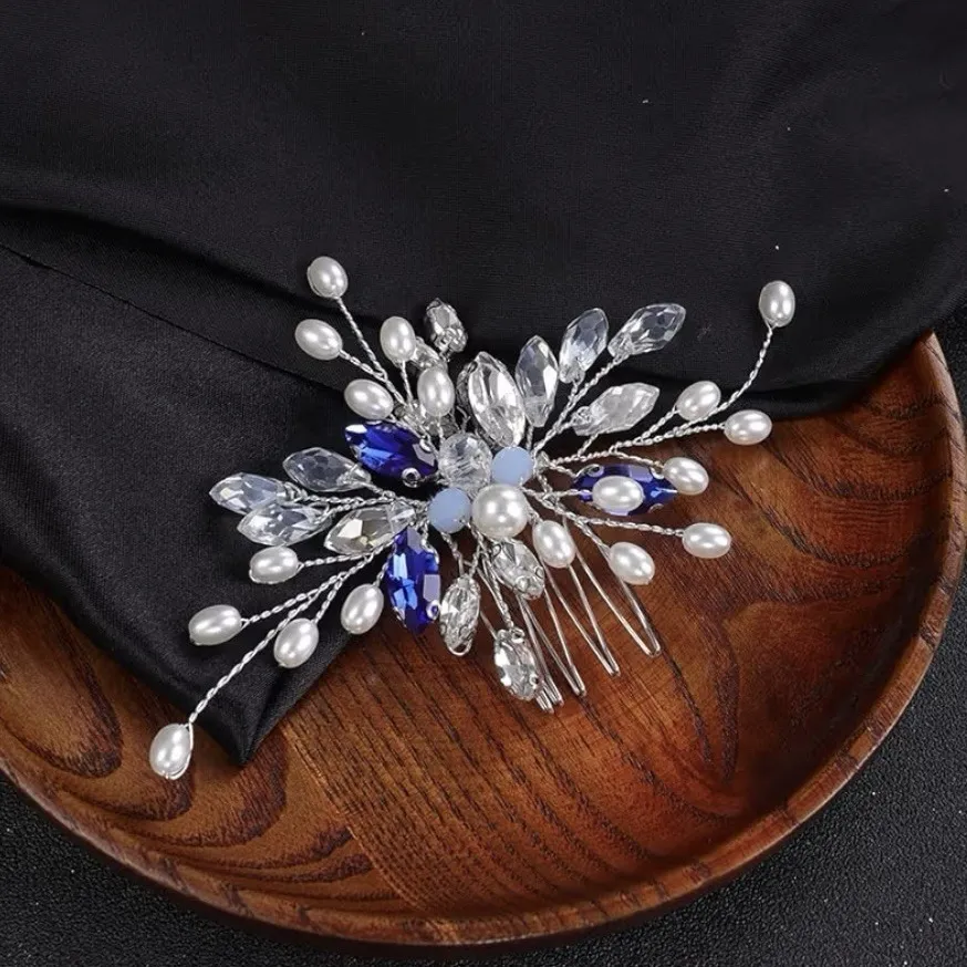 Bridal Sapphire Crystal Hair Comb Blue Leaf Wedding Prom Hair Accessories Silver - Image 2