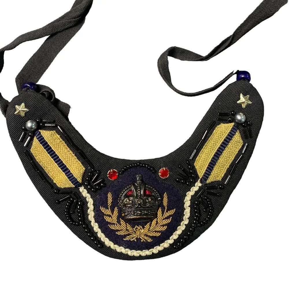 Handmade Vintage Bib Necklace British Crown Beaded Unique 1970s Fabric Black - Image 2