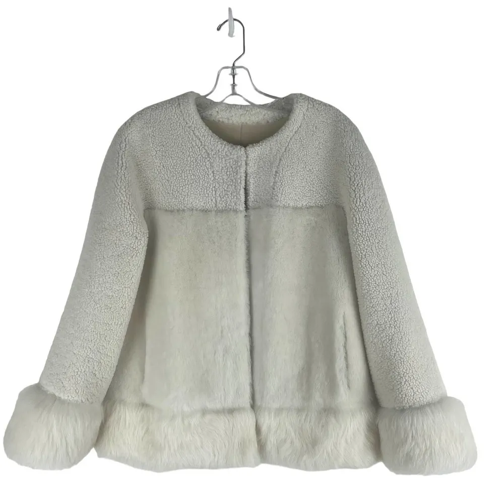 Loro Piana Collarless Fur Jacket White Lambskin Reversible Size 46 Large - Image 12