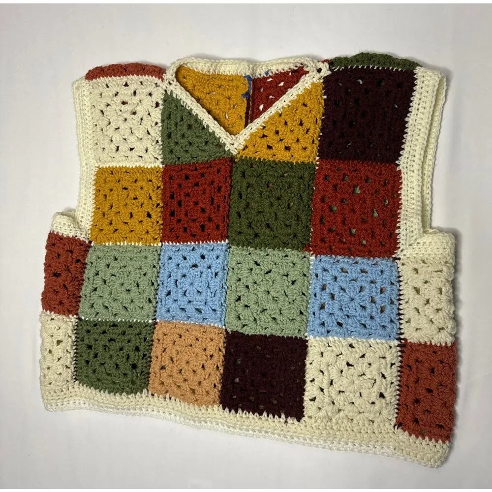 Vintage OOAK Handmade Crocheted Patchwork Hippie crop Vest Multicolor medium Brown - Image 2