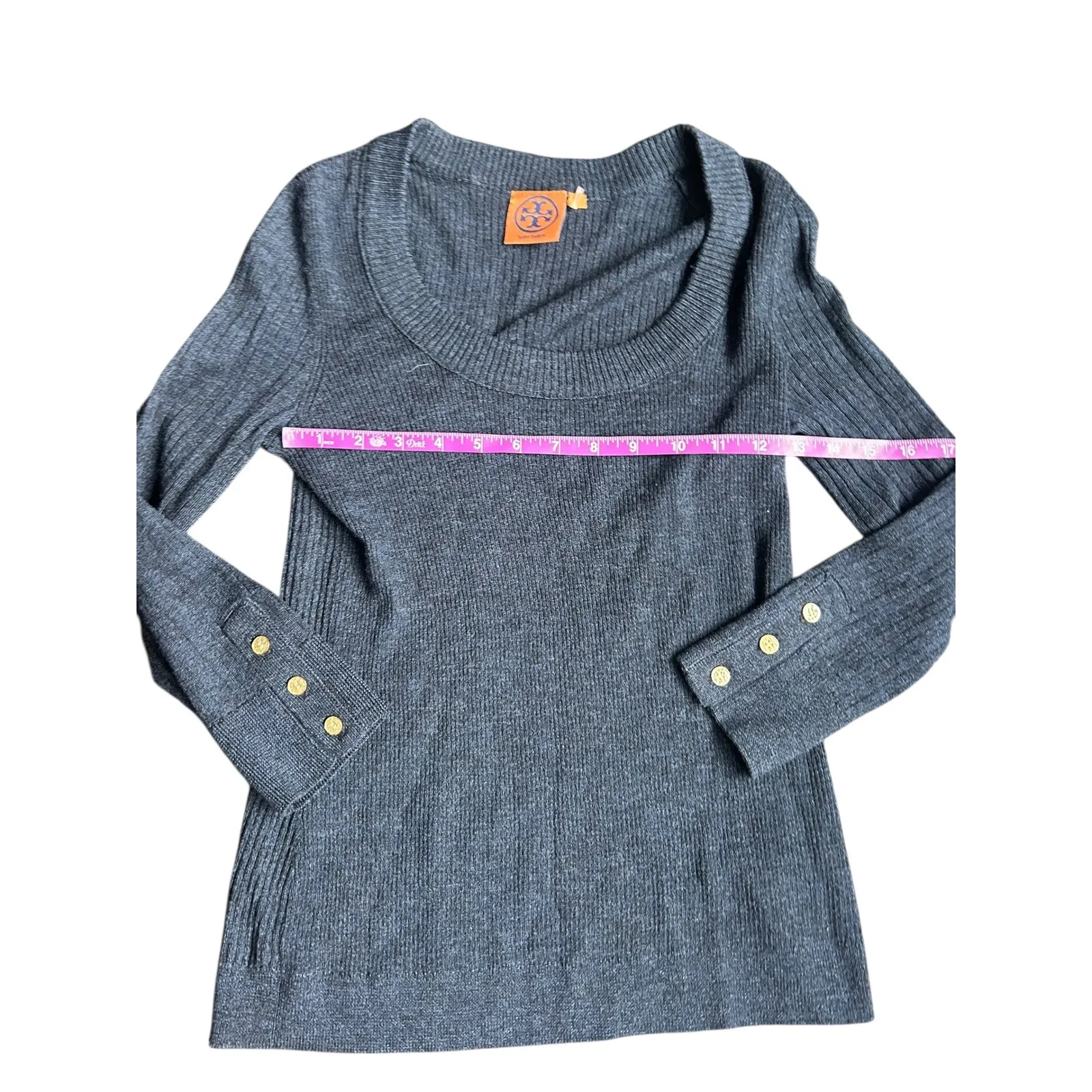 Tory Burch Ribbed Merino Wool Long Sleeve Sweater Crew Neck Navy Blue Size S - Image 3