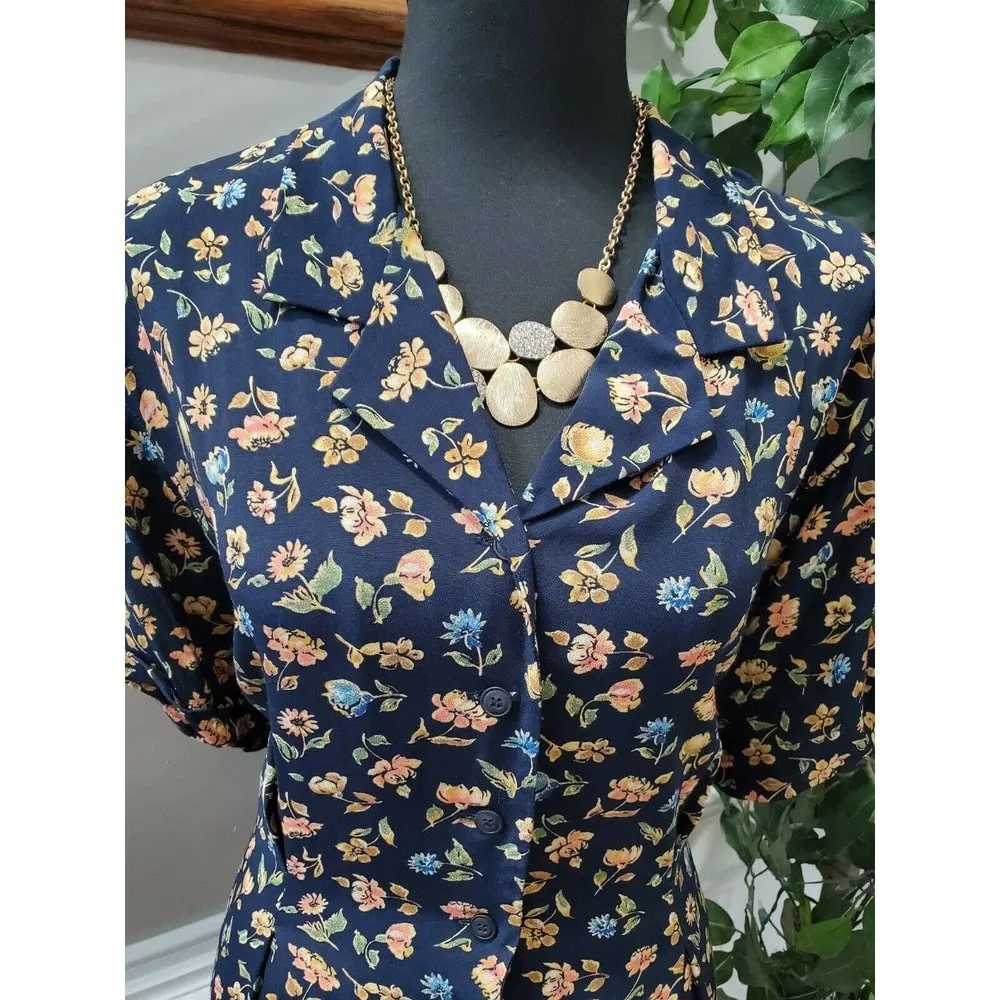 Saville Women's Navy Floral Pattern 100% Rayon Button Up Collard Shirt Size 16 - Image 3