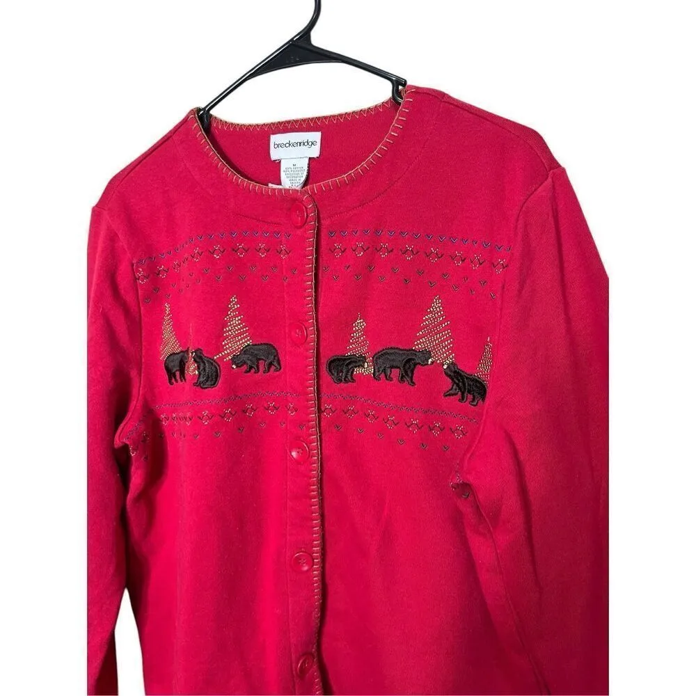 Breckenridge Sweater Cardigan Red Brown Bear Embroidered Gold Stitch Trim M - Image 2