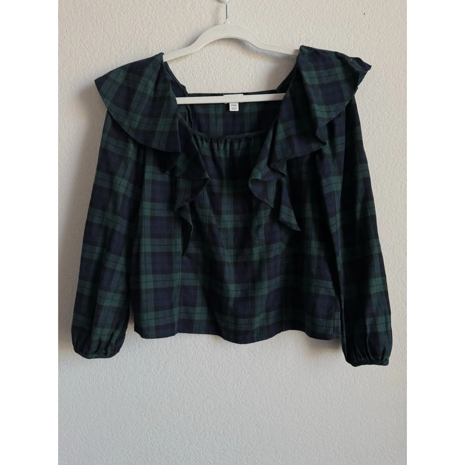 J.Crew Blackwatch Blue Green Flannel Squareneck Ruffle Top Women Size Petite XS - Image 6