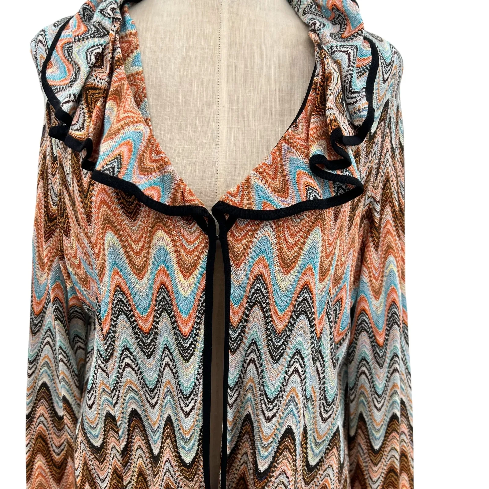 Exclusively Misook Chevron Cardigan Knit Ruffle Orange Blue Size XL - Image 3