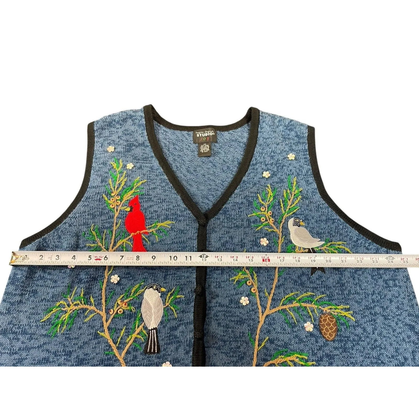 VTG Designers Originals Women’s 2X Embroidered Bird Cardinals Sweater Vest 90s Blue - Image 9