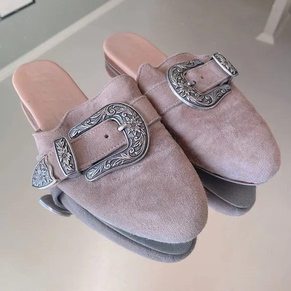 Free People Beige Champagne Suede Western Silver Buckle Slides - Image 1