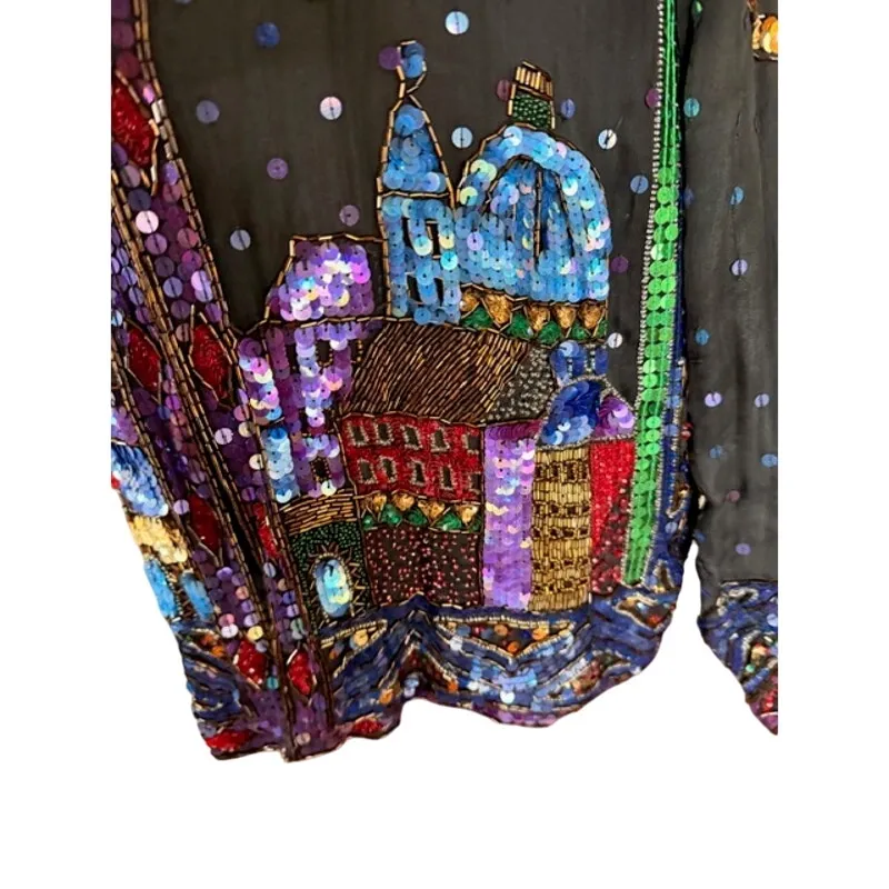 Vintage Sequin Together! Wearable Art Silk Jacket Storybook Cityscape Size M Black Size M - Image 5