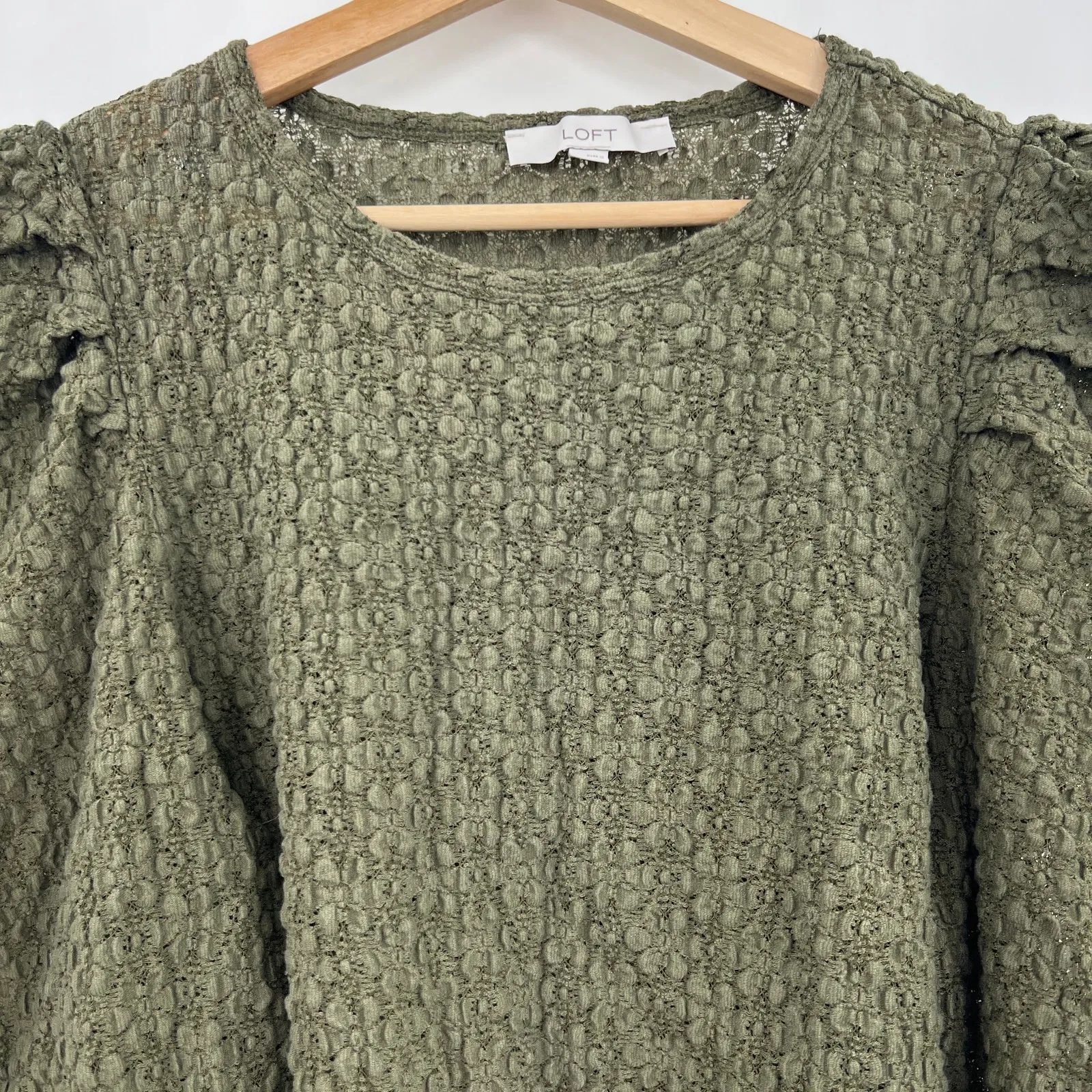LOFT XL Olive Khaki Green Textured Top Long Puff Sleeve Sheer Stretchy Shirred - Image 3