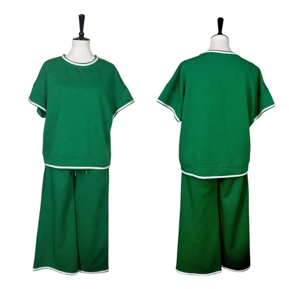 Fashion 2 Piece Set Top Wide Leg Crop Pant Kelly Green White Trim Women’s Size M Size M - Image 13