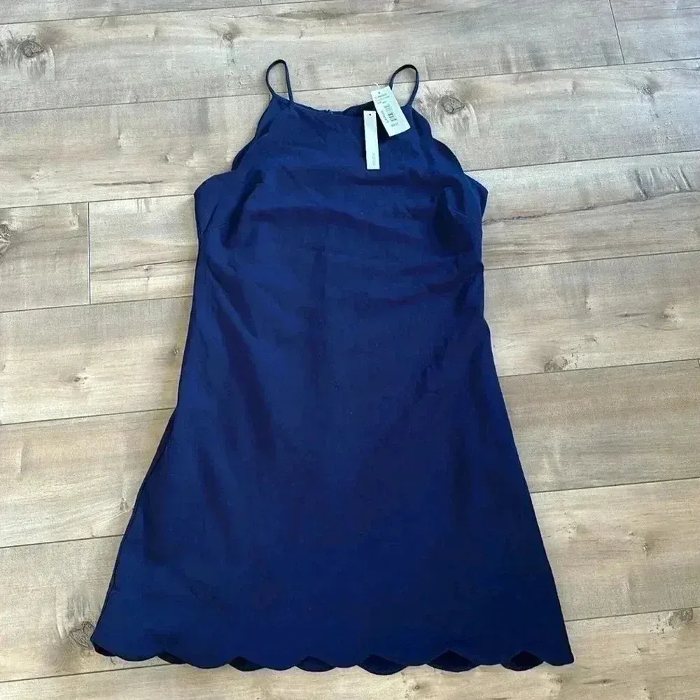 NWT AQUA Navy Blue Sleeveless Halter Neck Scalloped Trim Mini Skater Dress Sz L - Image 4