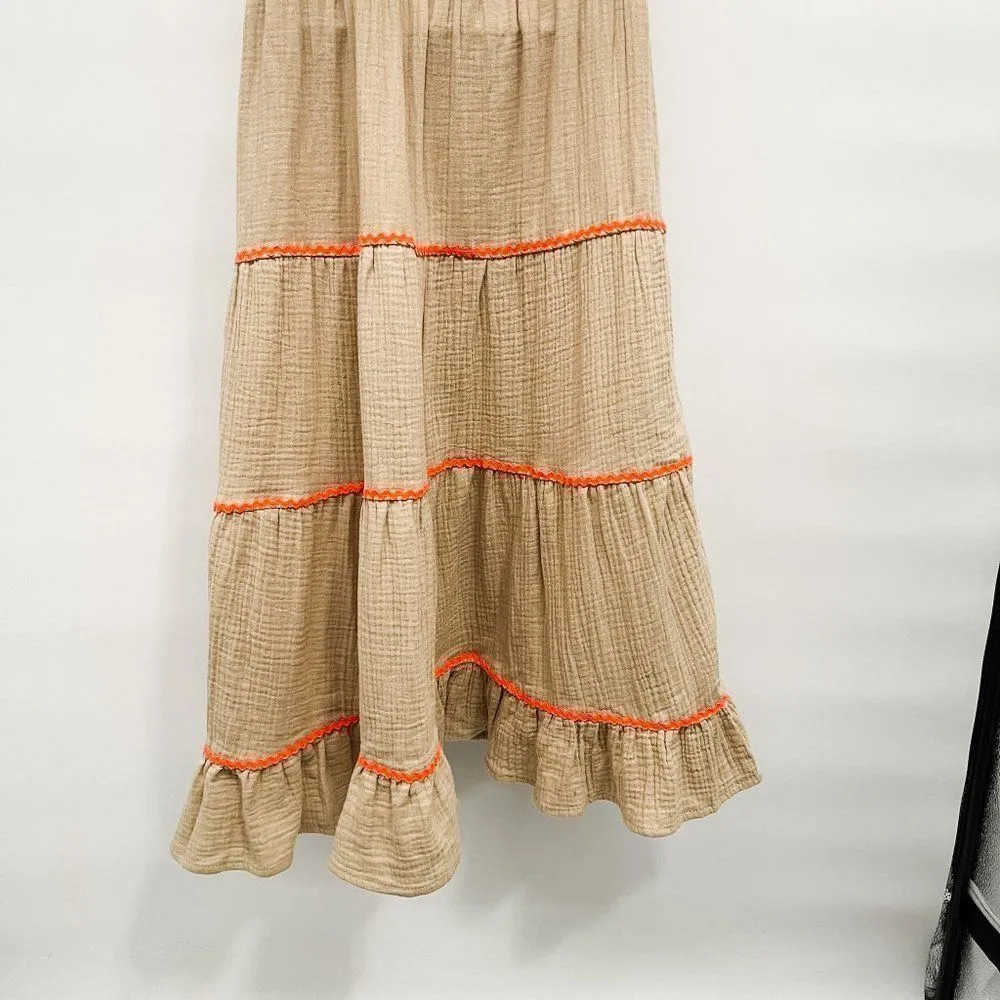 Scoop Tiered Gauzy Ricrac Trim Cotton Sleeveless Cottagecore Midi Dress - Image 11