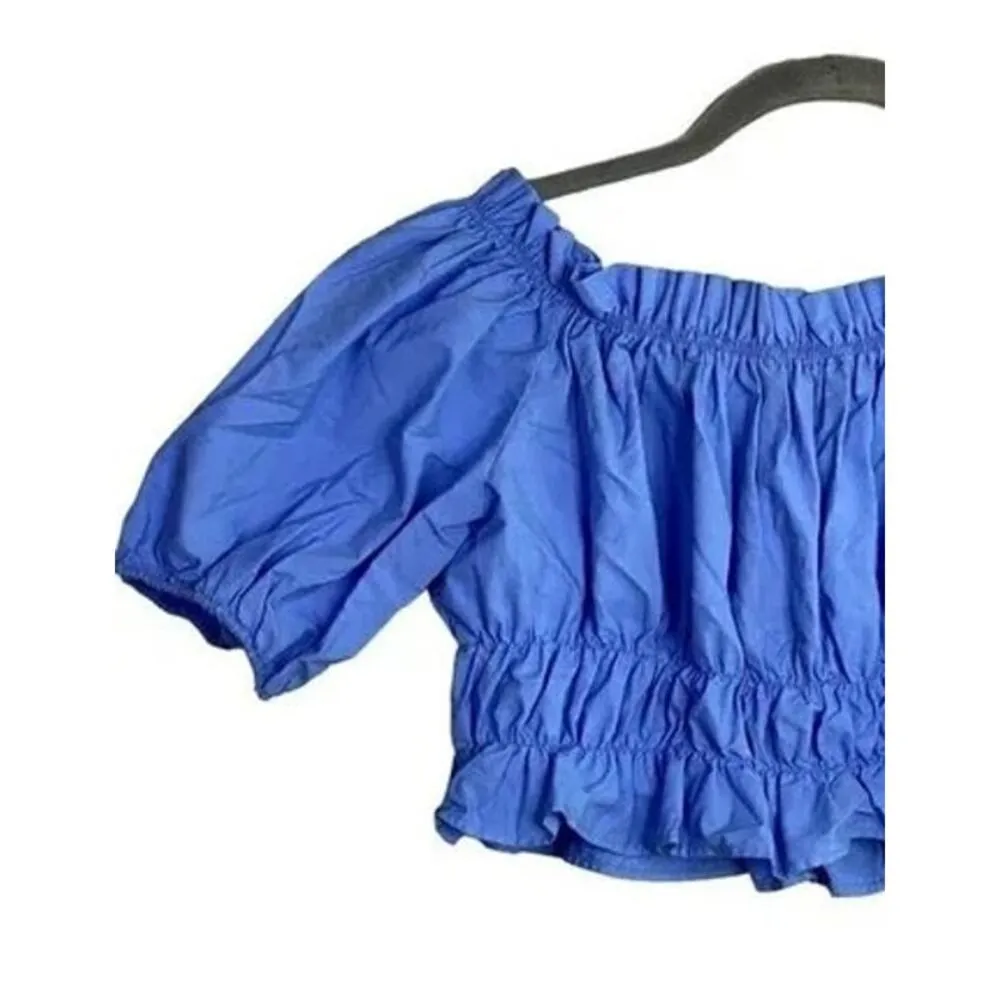 ZARA Ruffle Poplin Off The Shoulder Elastic Stretch Crop Top Cotton S Blue #3266 - Image 11