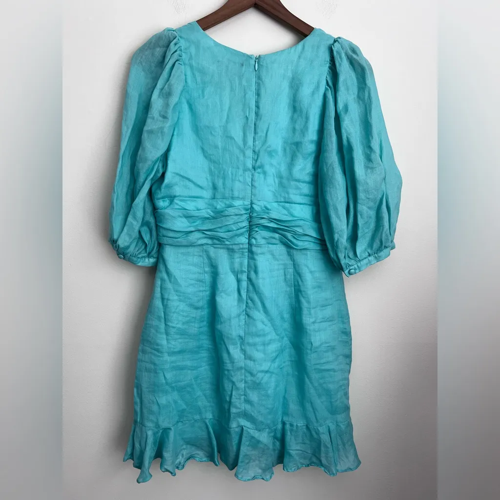 Bardot Aura Puff Sleeve Ruffle Ruched Mini Dress Turquoise Blue babydoll Ramie 8 - Image 3