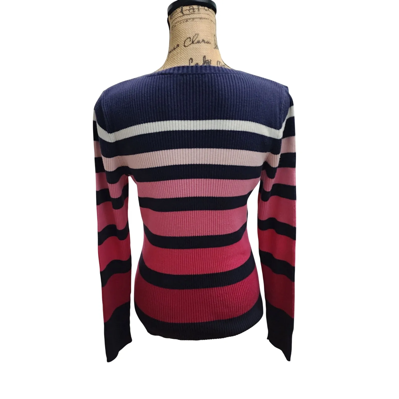 Liz & Co. Womens Medium V Neck Striped Knit Sweater‎ Pink Blue Cotton Blend - Image 2