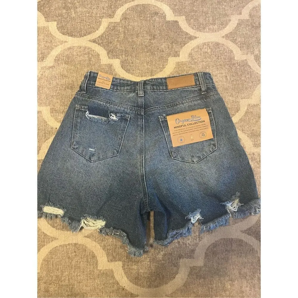 NWT organic blue denim jean shorts vintage fit size 5/27 distressed cut off Blue - Image 3