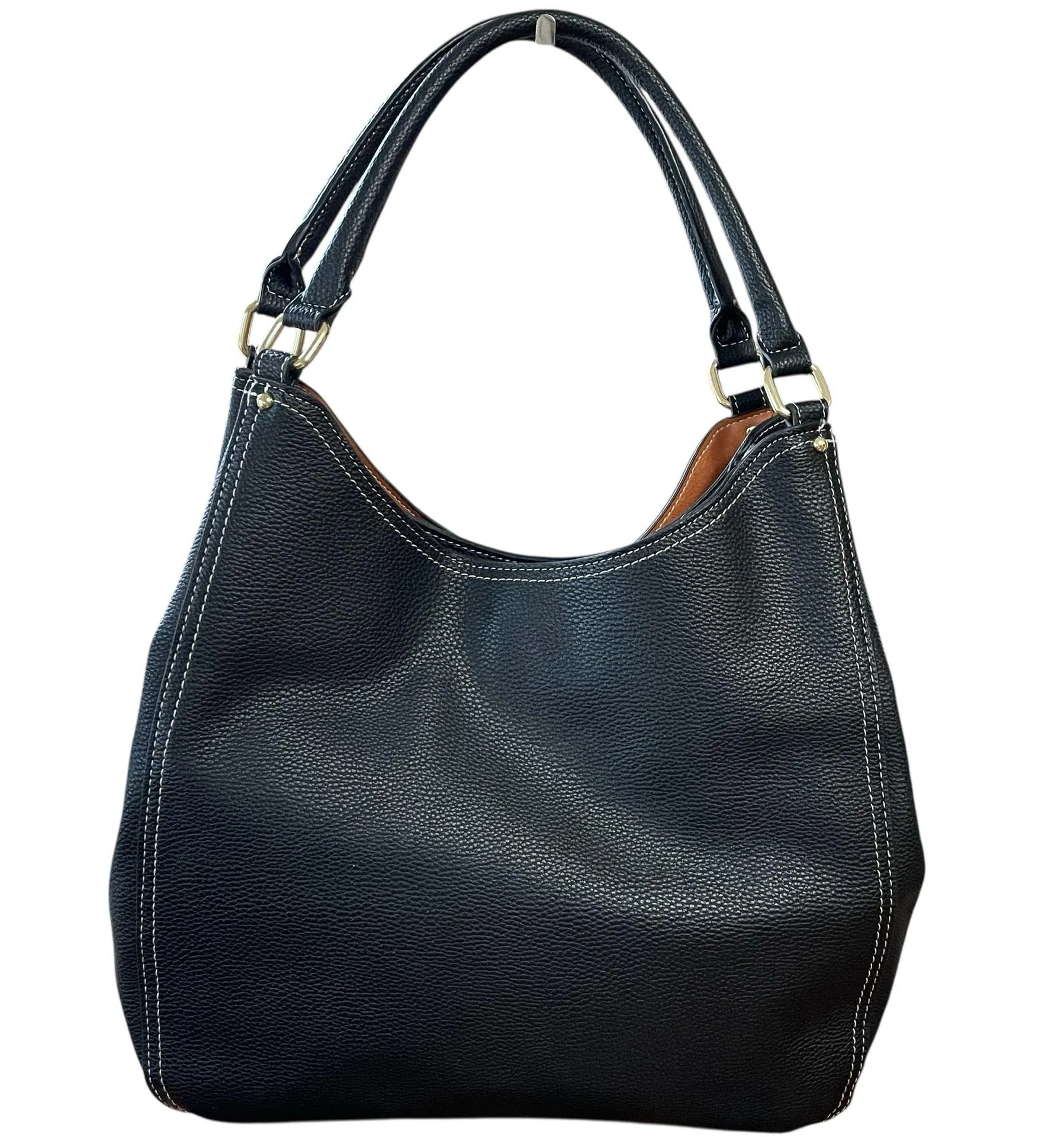 London Fog Textured Pebbled Leather Handbag Purse Black With White Stitching - Image 2