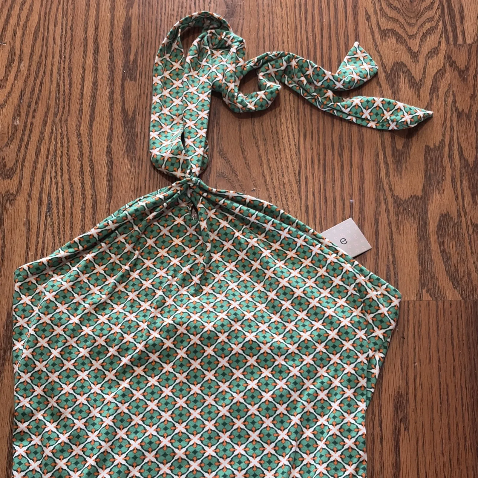 Vintage 90s Y2K Green Orange Geometric  Halter Top Tie Back Body Suit‎  NWT - Image 2