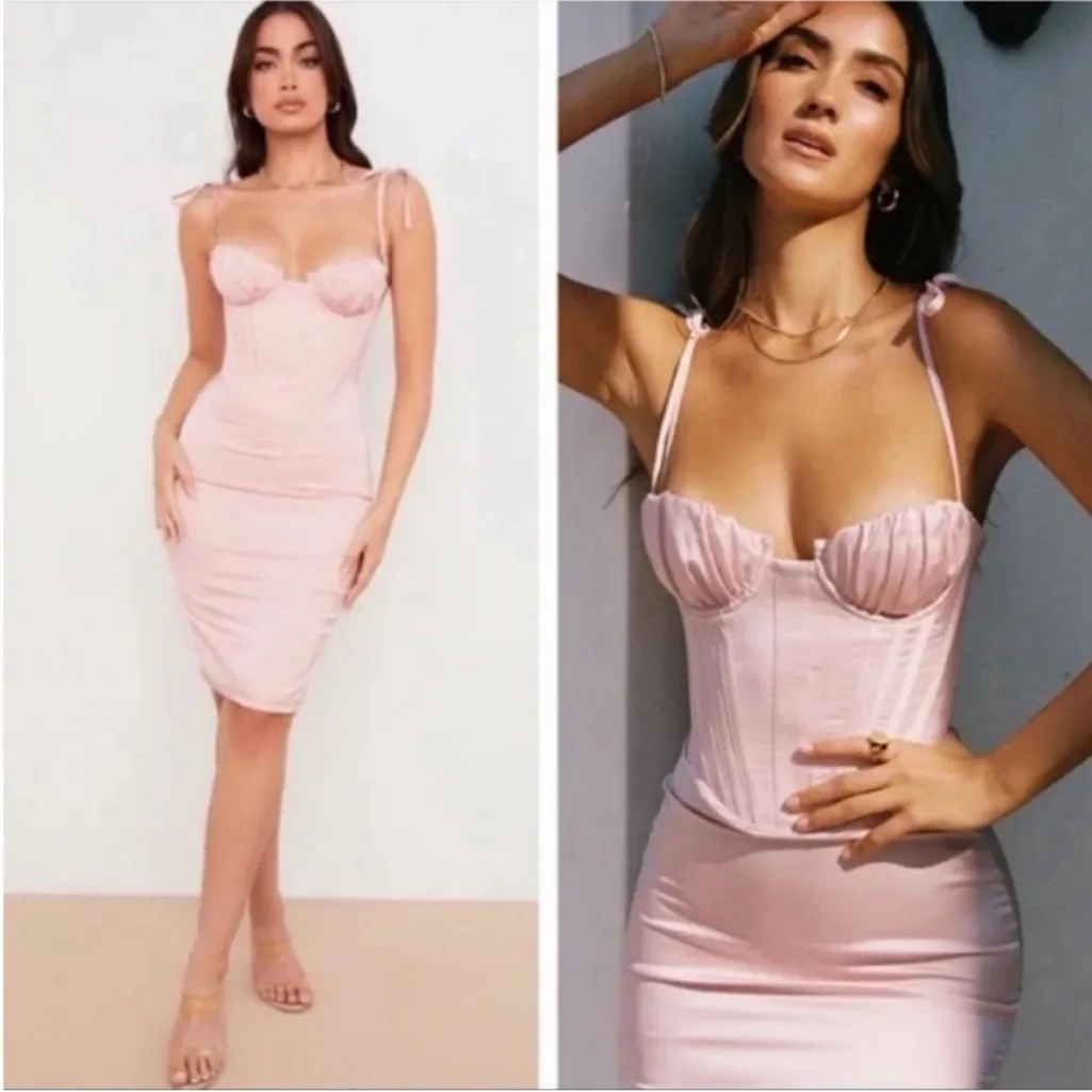 HOUSE OF CB 'Alma' Blush Pink‎ Satin Corset Midi Dress NWOT size S - Image 2