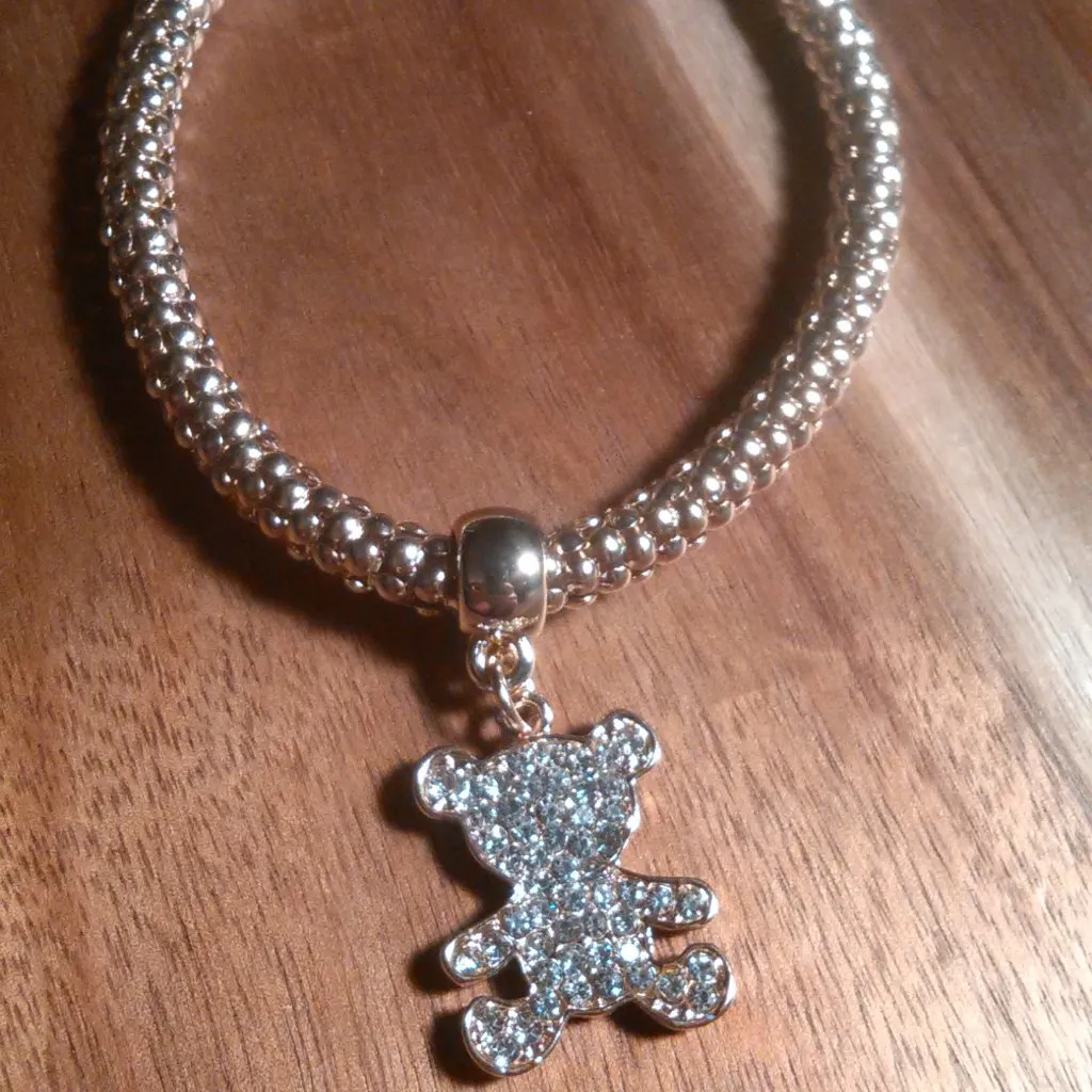 White Austrian Crystal Teddy Bear Goldtone Stretch Bracelet - Image 3