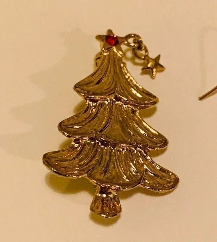 *Buy2Get1 Christmas‎ tree brooch & earrings dangle gold toned set jewelry CLT - Image 2