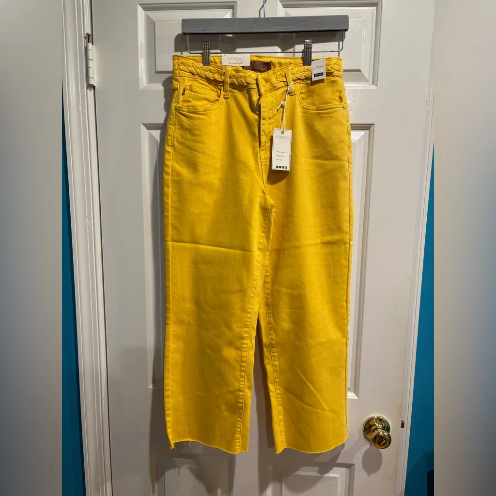 Judy Blue high rise wide leg cropped jeans yellow raw edge 9 29 new with tags - Image 2