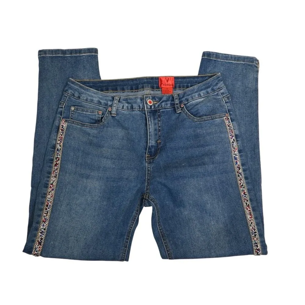 V Christina Womens 10 Medium Wash Tapered Leg Sequin Jean Blue - Image 4