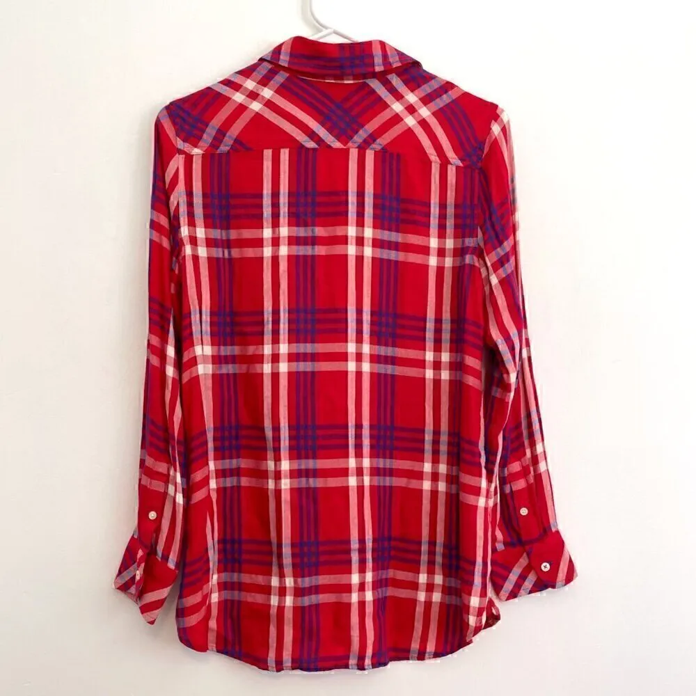 TALBOTS Red White Blue Plaid Long Sleeve 100% Rayon Button Down Shirt / Tunic S - Image 12