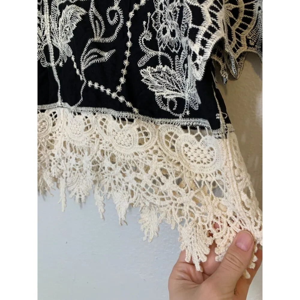 Cato Black Lace Trim Tunic Top Womens Sz S Embroidered Floral Boho Crotchet - Image 5