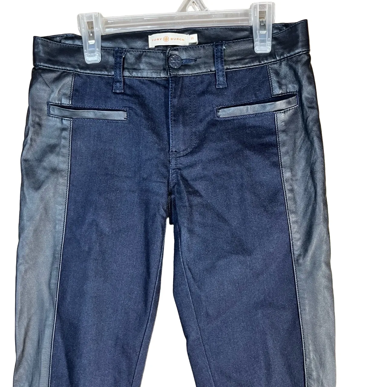 Tory‎ Burch Legging Womens Size 25 Blue Skinny Faux Leather Side Panel Moto Chic - Image 2