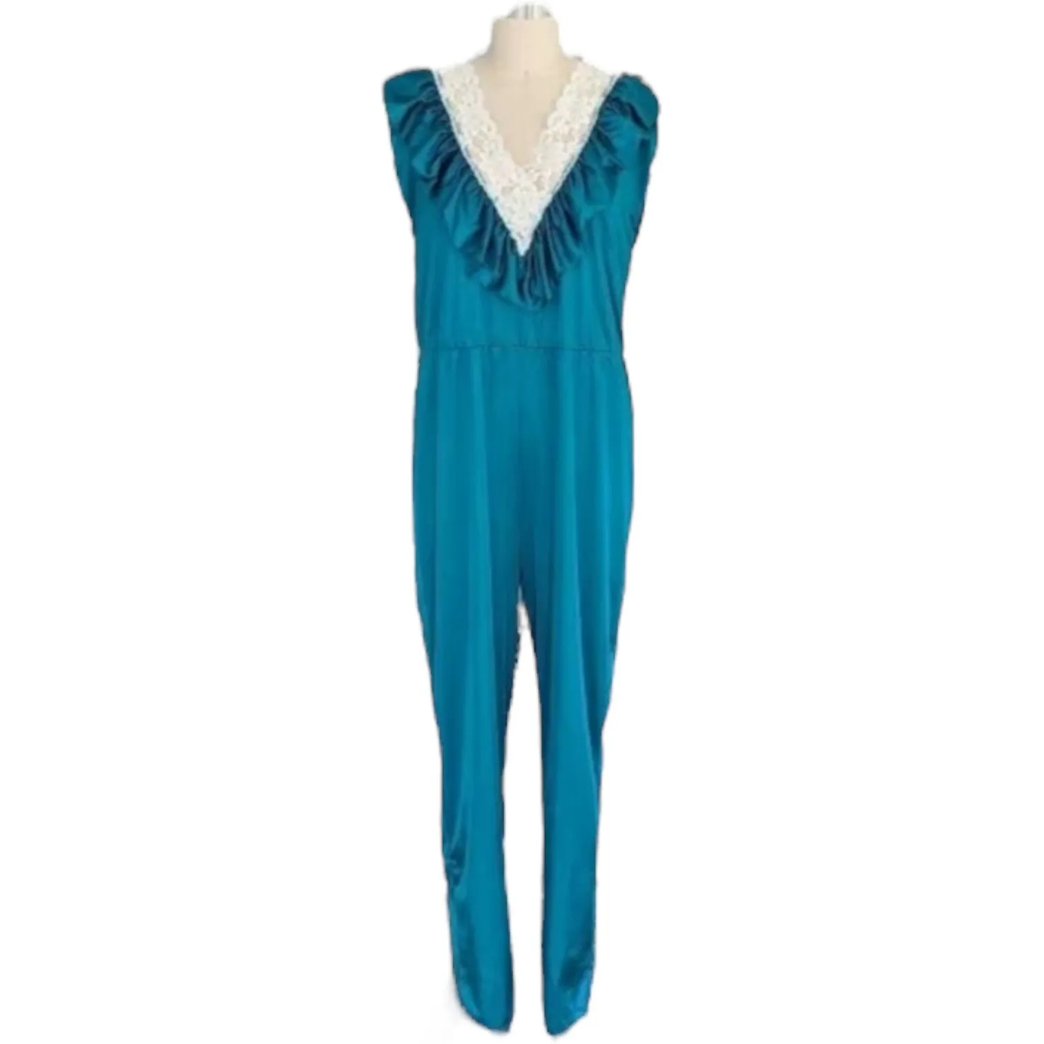 Vintage 70s Lady Cameo Dallas teal lace Ruffle Disco jumpsuit USA Made medium - Image 16