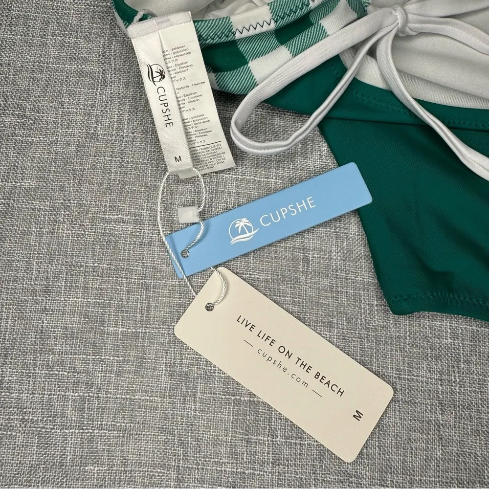 Cupshe Gingham Lace Up One Piece Swimsuit Green White Print Medium NWT - Image 10