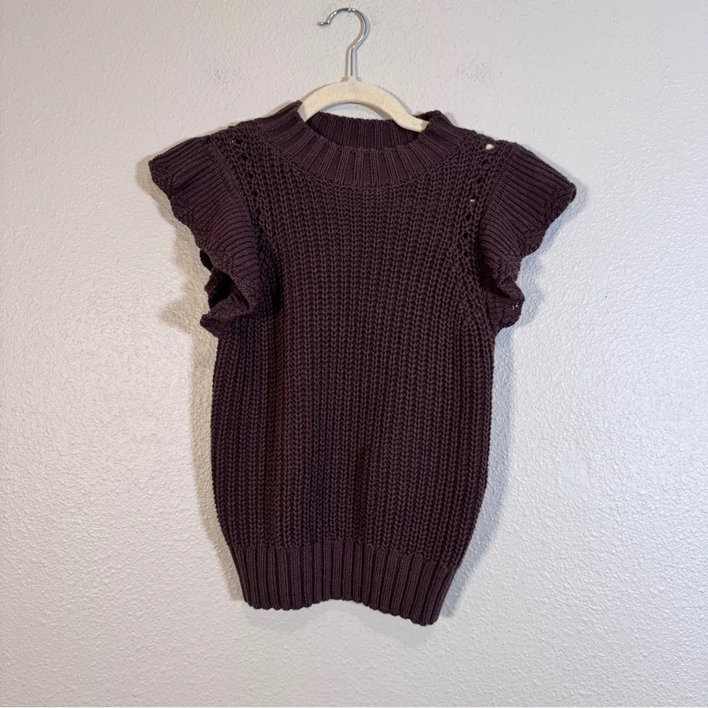 Evereve Chocolate Brown Crochet Knit Sweater Womens S Ruffled Coquette Girly - Image 9