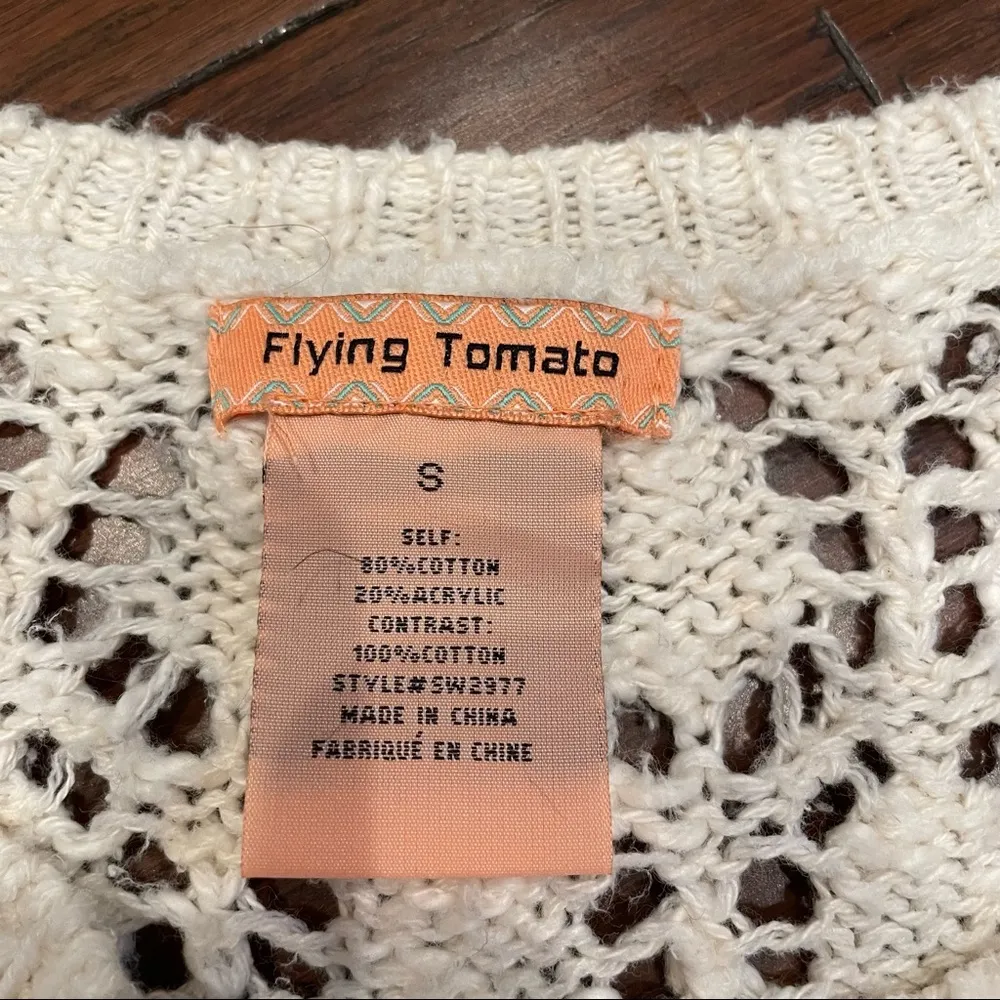 Flying Tomato Cream Crochet Open Knit Long Sleeve Sweater Small - Image 5
