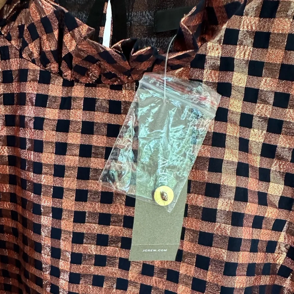 J. Crew Rose Gold Black Ruffleneck Sleeveless Lurex Gingham Top Shirt Sz XS NWT - Image 7