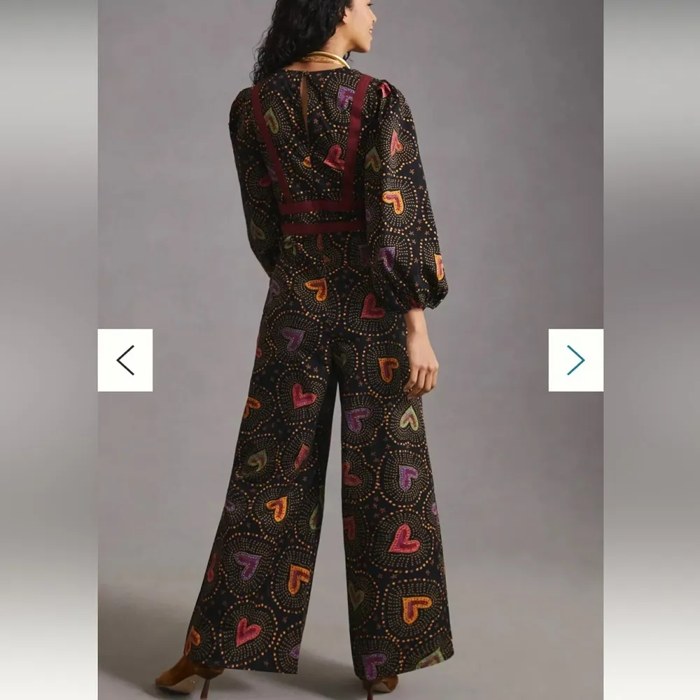 Farm rio heart printed deep v jumpsuit 200$ boho casual fall wide leg party - Image 2