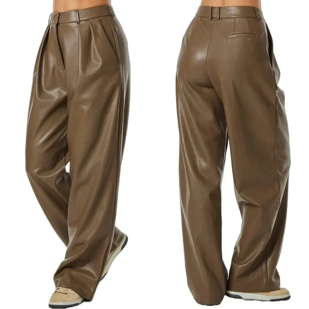 NWT Noli Pleat Detailing Faux Leather Trousers Wide Leg Hi-Rise Medium Brown 10 - Image 3