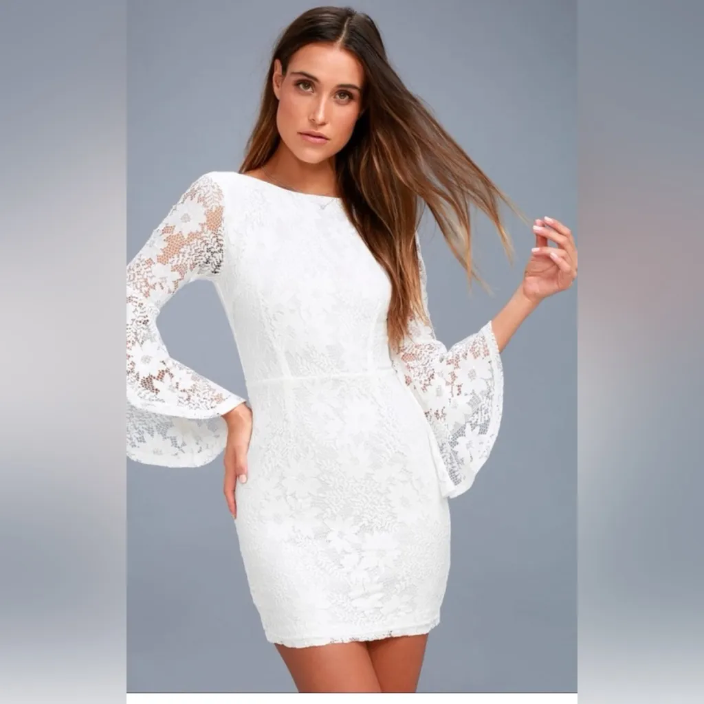 Lulu's White Lace mini Dress Bell sleeves,Size S - Image 5