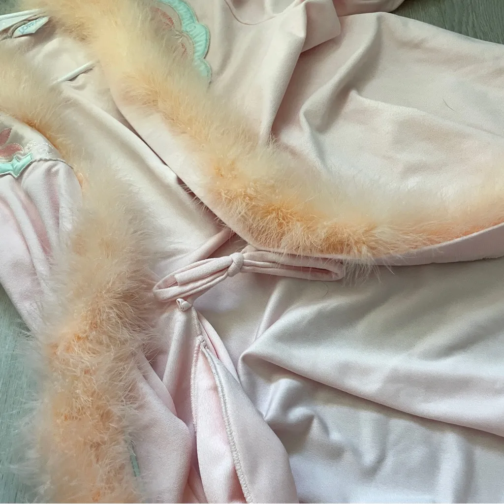 Feather Trim Robe collared long womens Pink (one size) lorraine chic loungewear Size undefined - Image 4