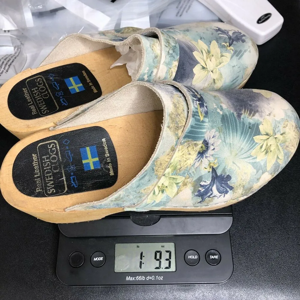 Swedish Clogs Leather Wooden Floral Print Made In Sweden Women's Size 40 US 9 Blue - Image 11
