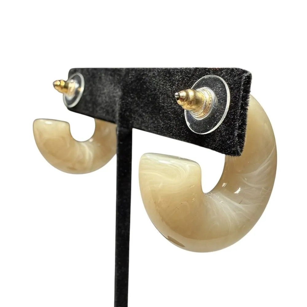 Vintage Smoky Marble Acrylic Puffy Hoop Earrings Post Pierced 1" Nude Minimalist Tan - Image 7